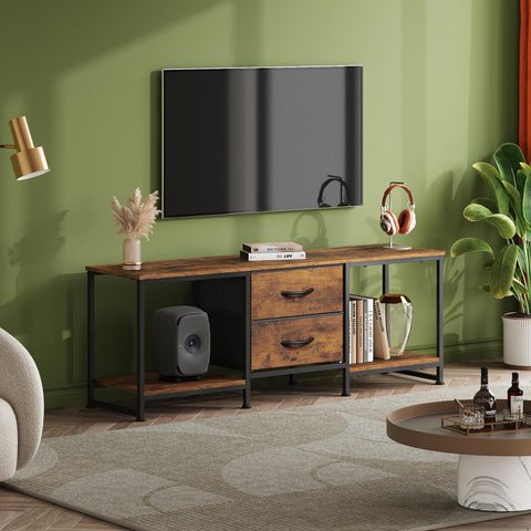 WLIVE industrial media console with open shelves for devices and decor.