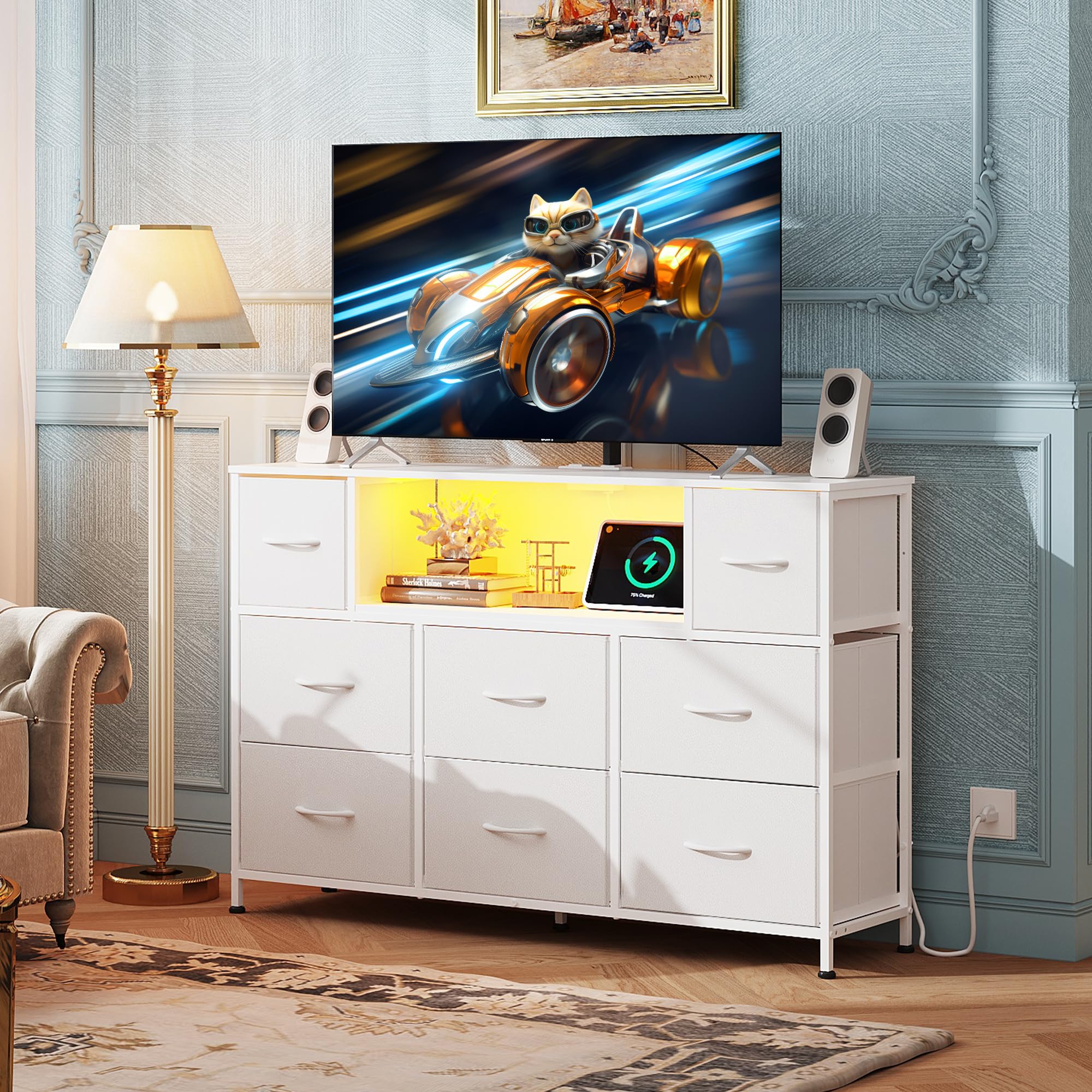 WLIVE entertainment center with wood top provides clean display space for decor