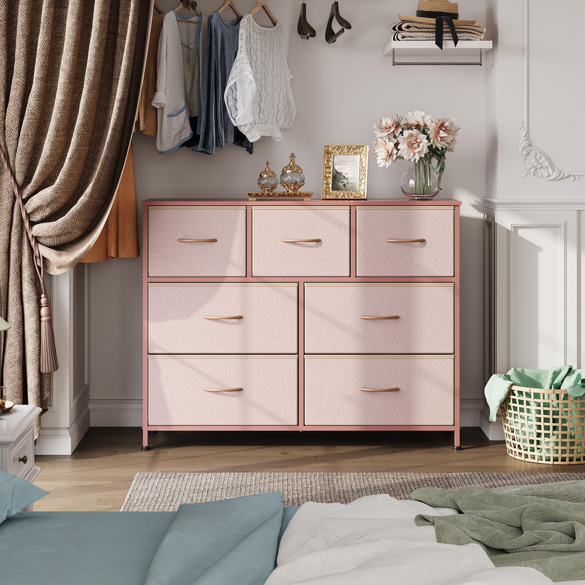 WLIVE pink entertainment center with wood top for a stylish media setup.