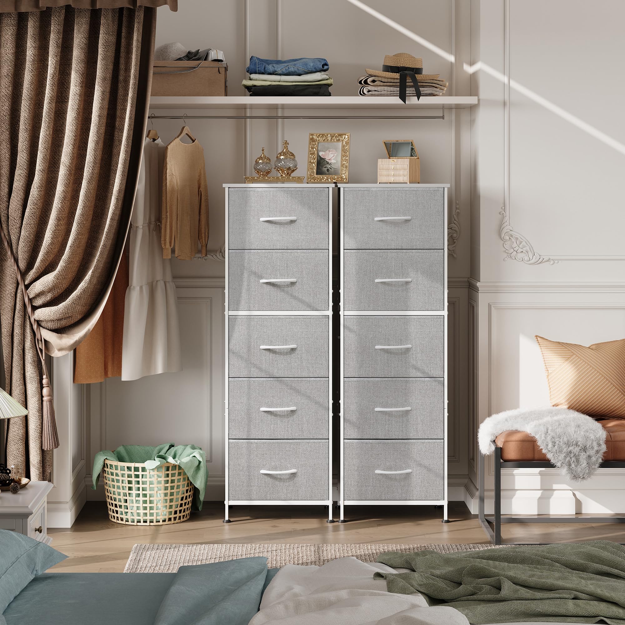 WLIVE Tall Dresser showcasing fabric bins for quick clothing and accessory organization.