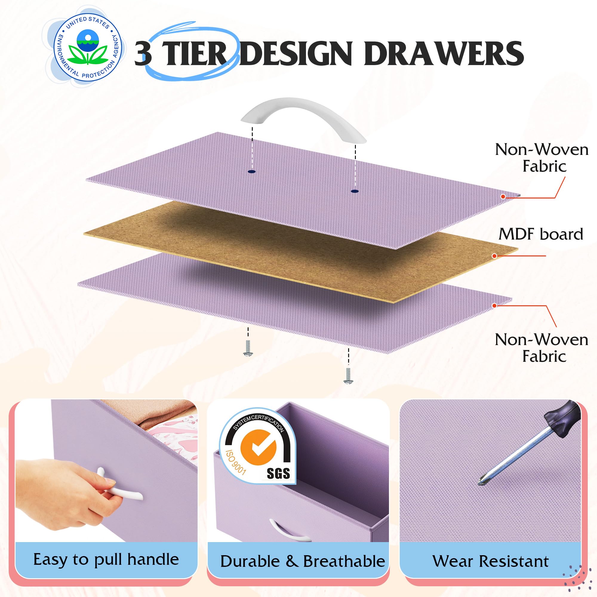 WLIVE fabric drawer close-up showing breathable non-woven bins