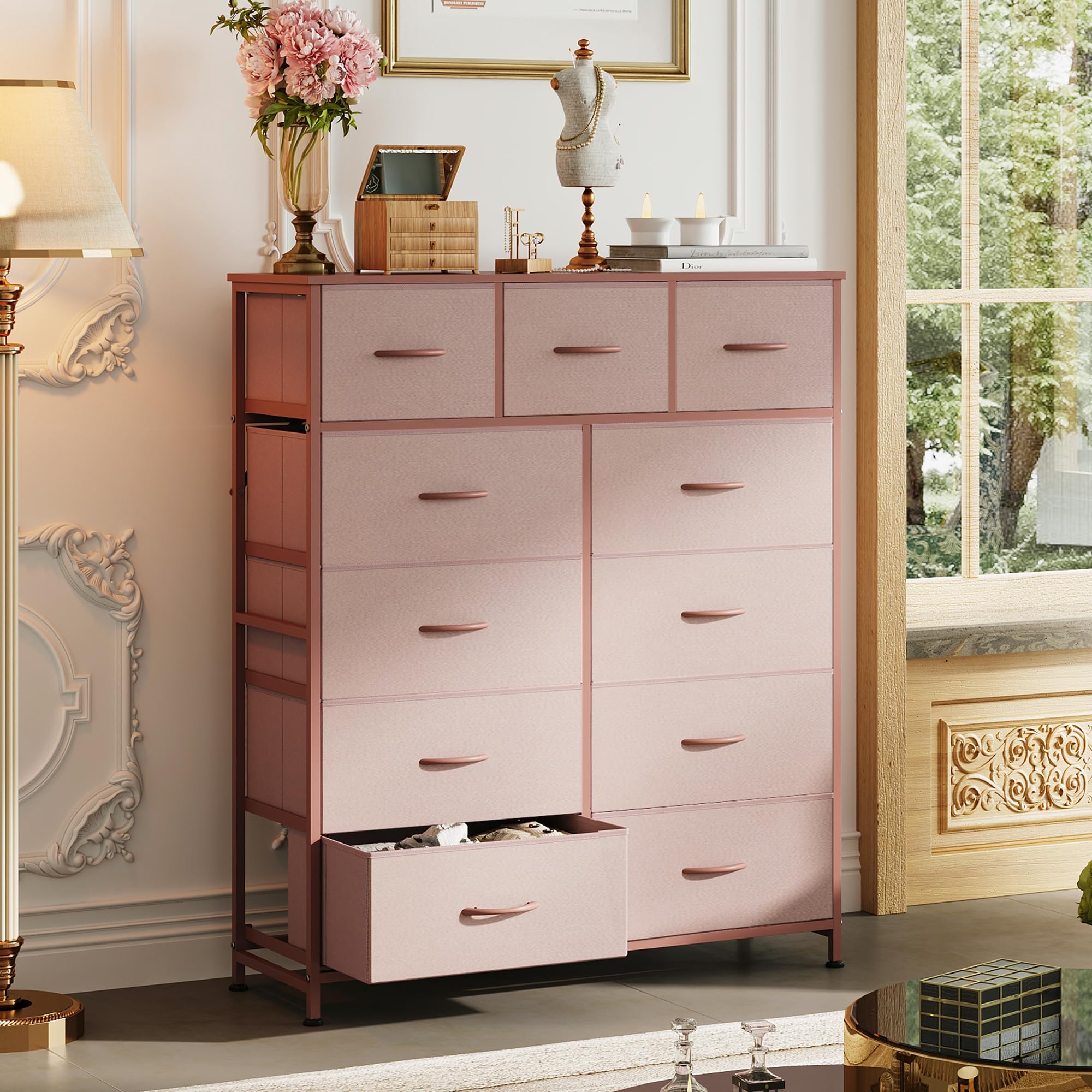WLIVE fabric drawer tower with multiple compartments for sorting.