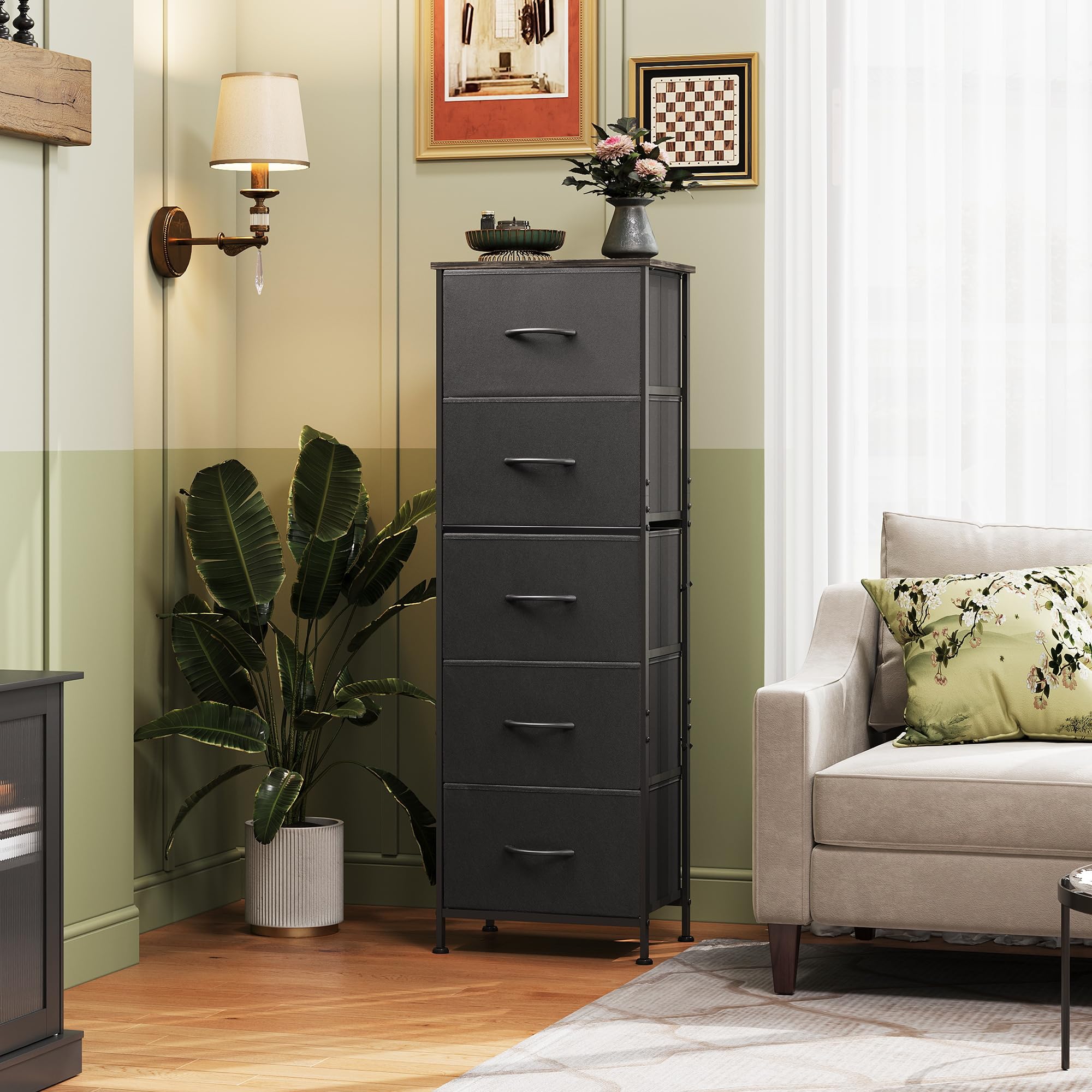 WLIVE Fabric Dresser top view highlights sturdy wood surface for lamps and decor.