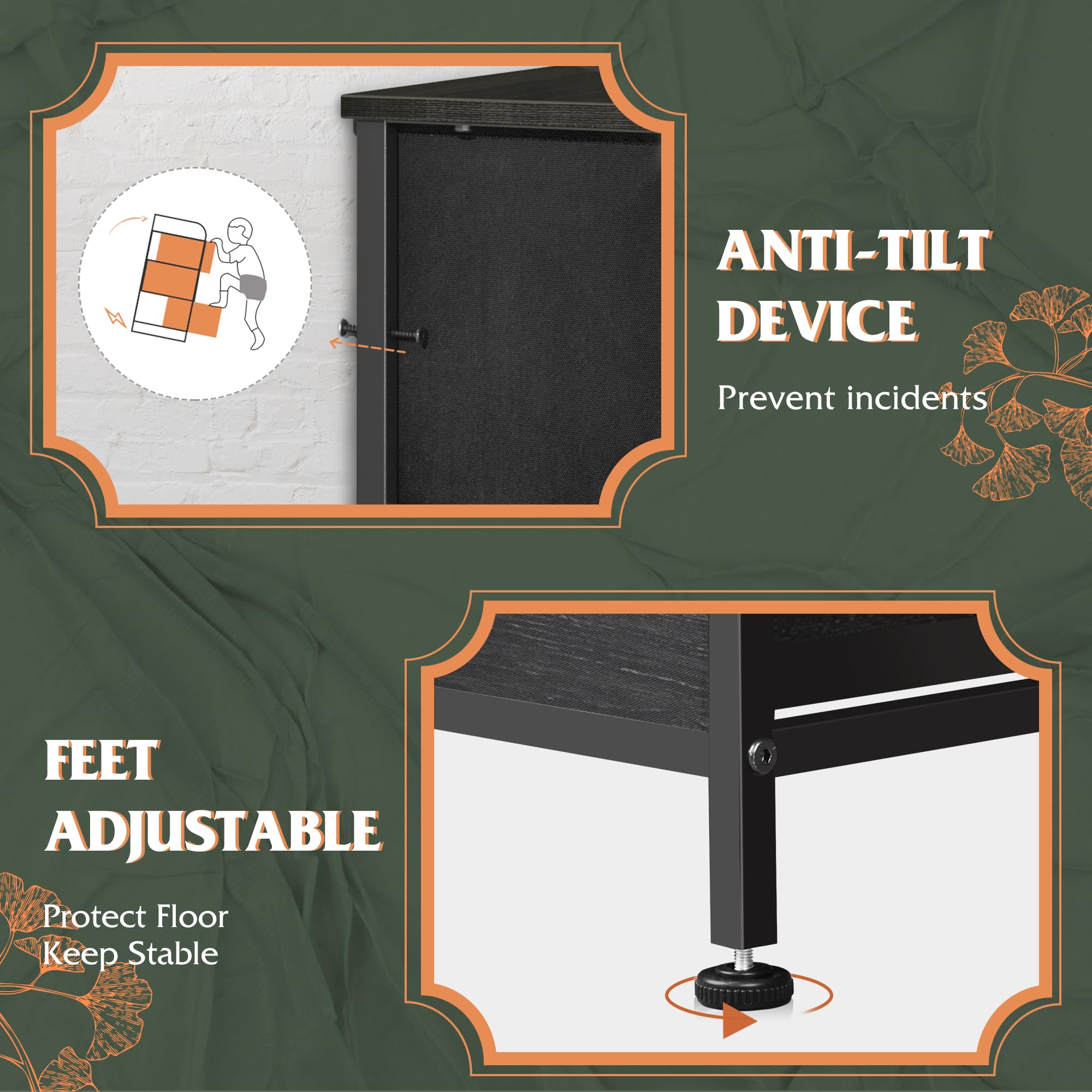 WLIVE fabric dresser adjustable feet protect flooring on uneven surfaces.