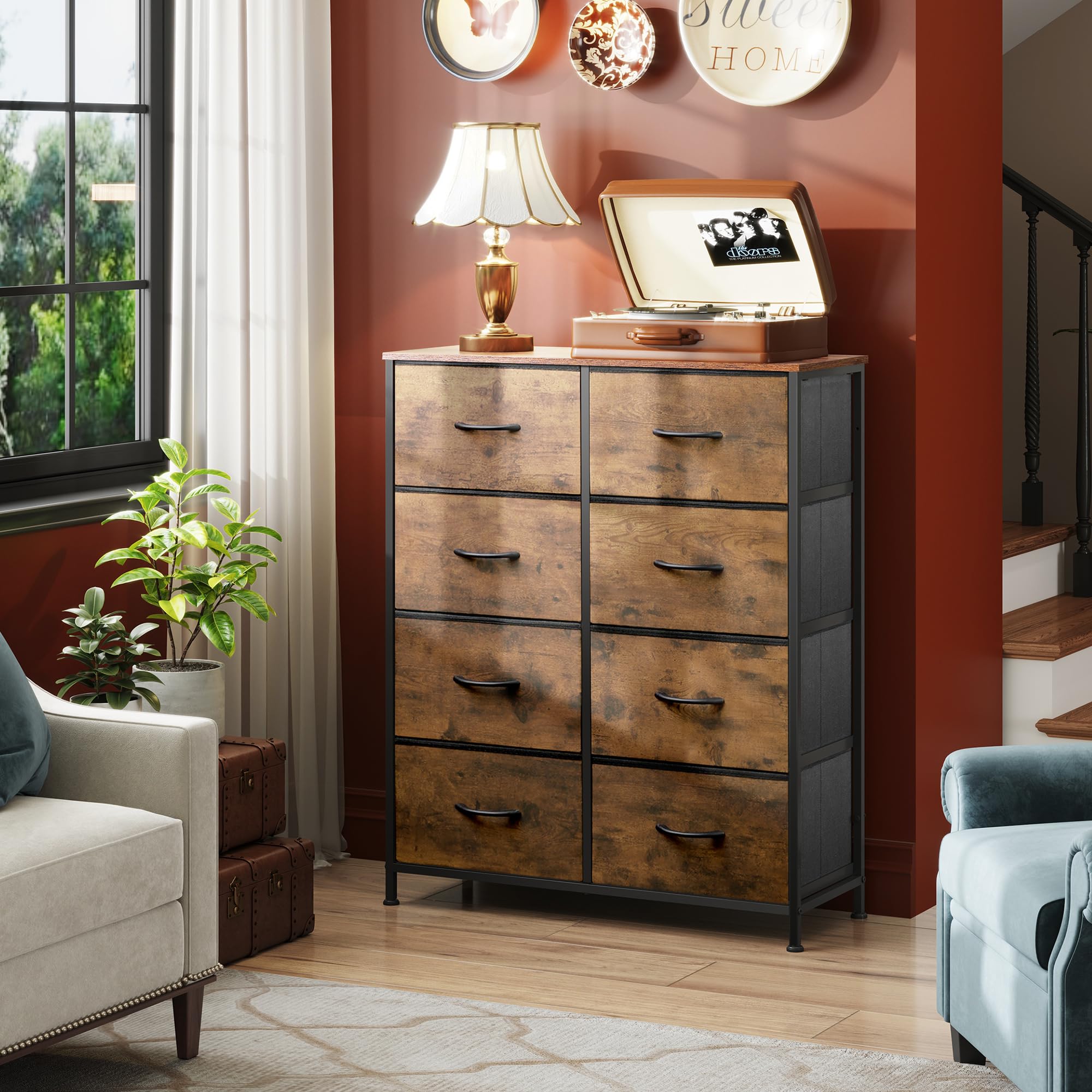 WLIVE Fabric Dresser wood-top close-up highlighting sturdy surface.