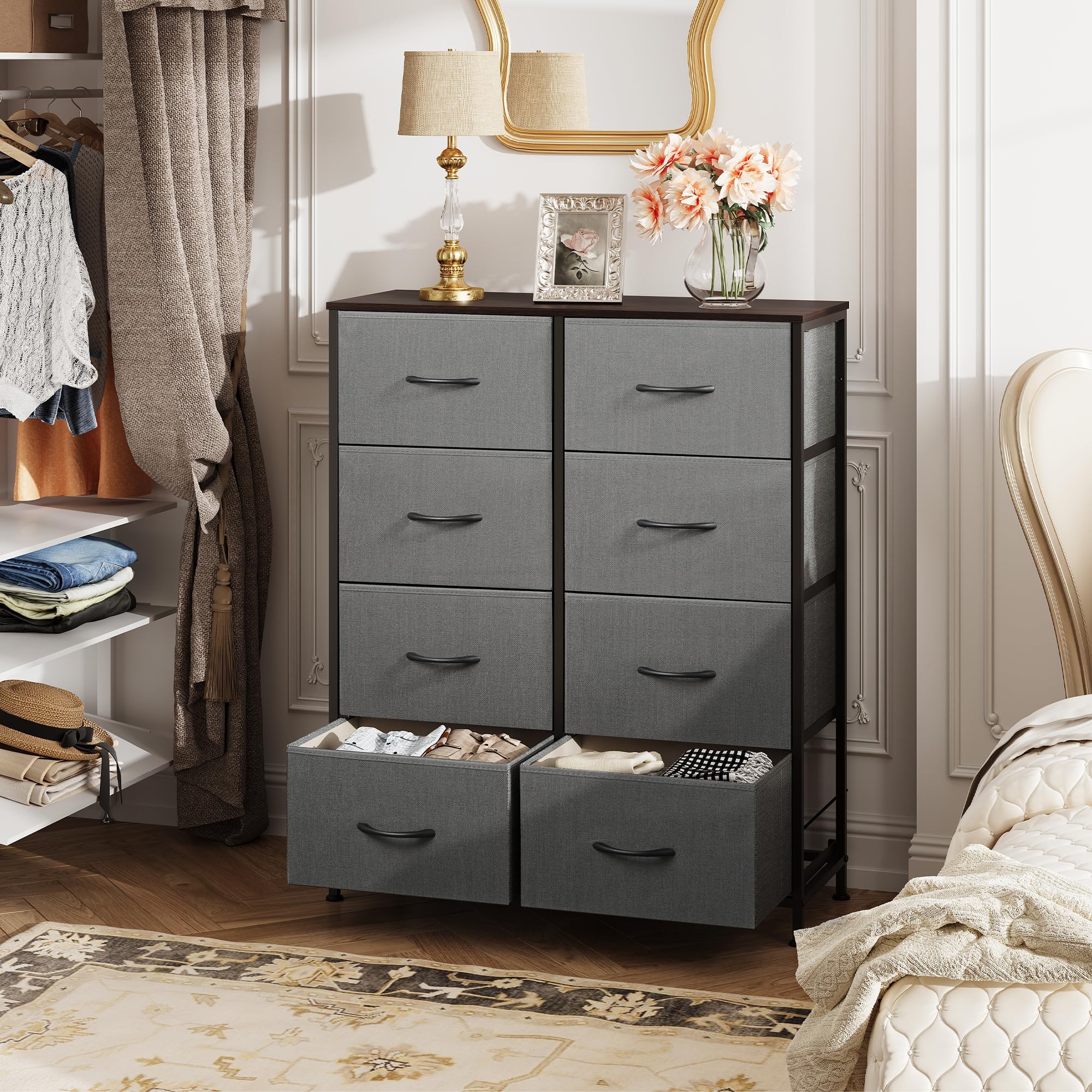 WLIVE fabric dresser wood-top close-up highlighting sturdy surface for daily use