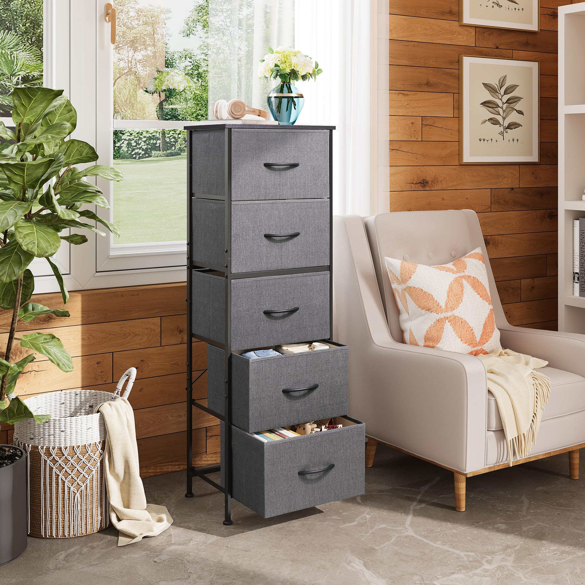 WLIVE fabric dresser wood top provides sturdy surface for lamps and decor.