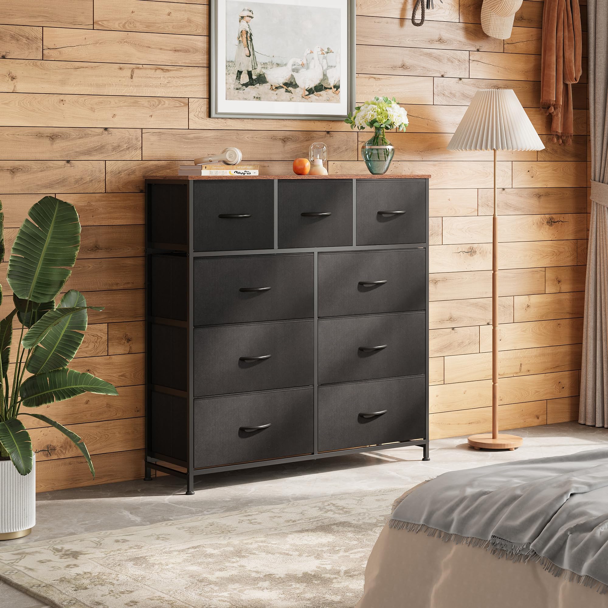 WLIVE fabric-bin dresser with wood top ideal for lamps and daily essentials.
