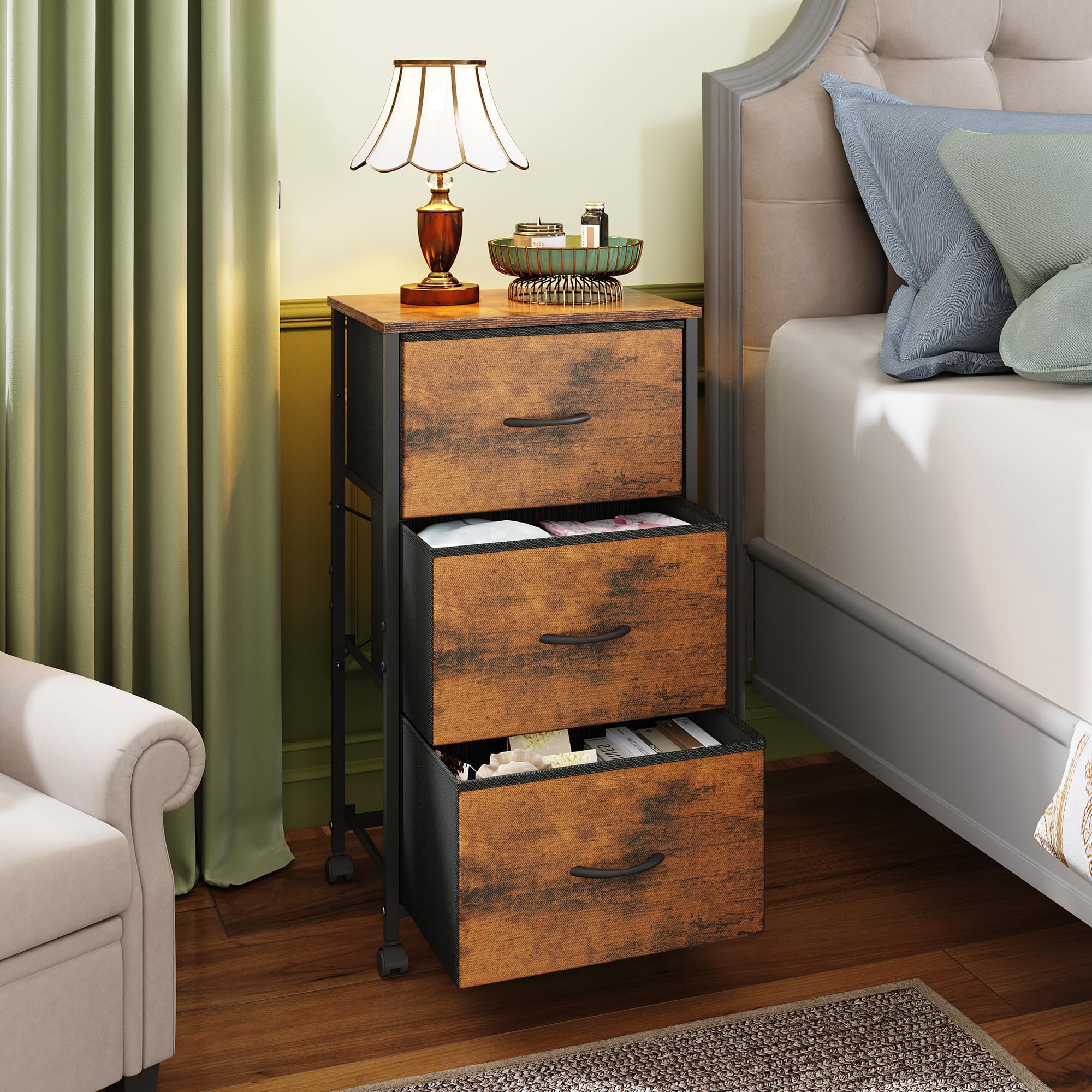WLIVE fabric nightstand with wheels for easy bedside repositioning.