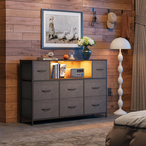 WLIVE grey dresser with eight fabric drawers keeps media organized