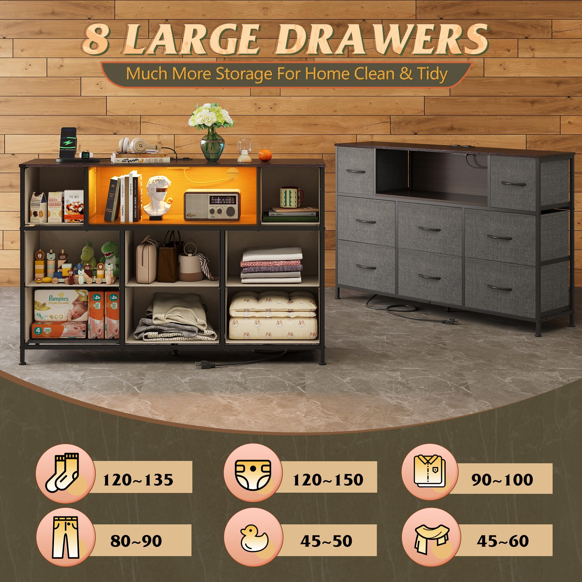 WLIVE grey dresser open storage shelves display decor and media