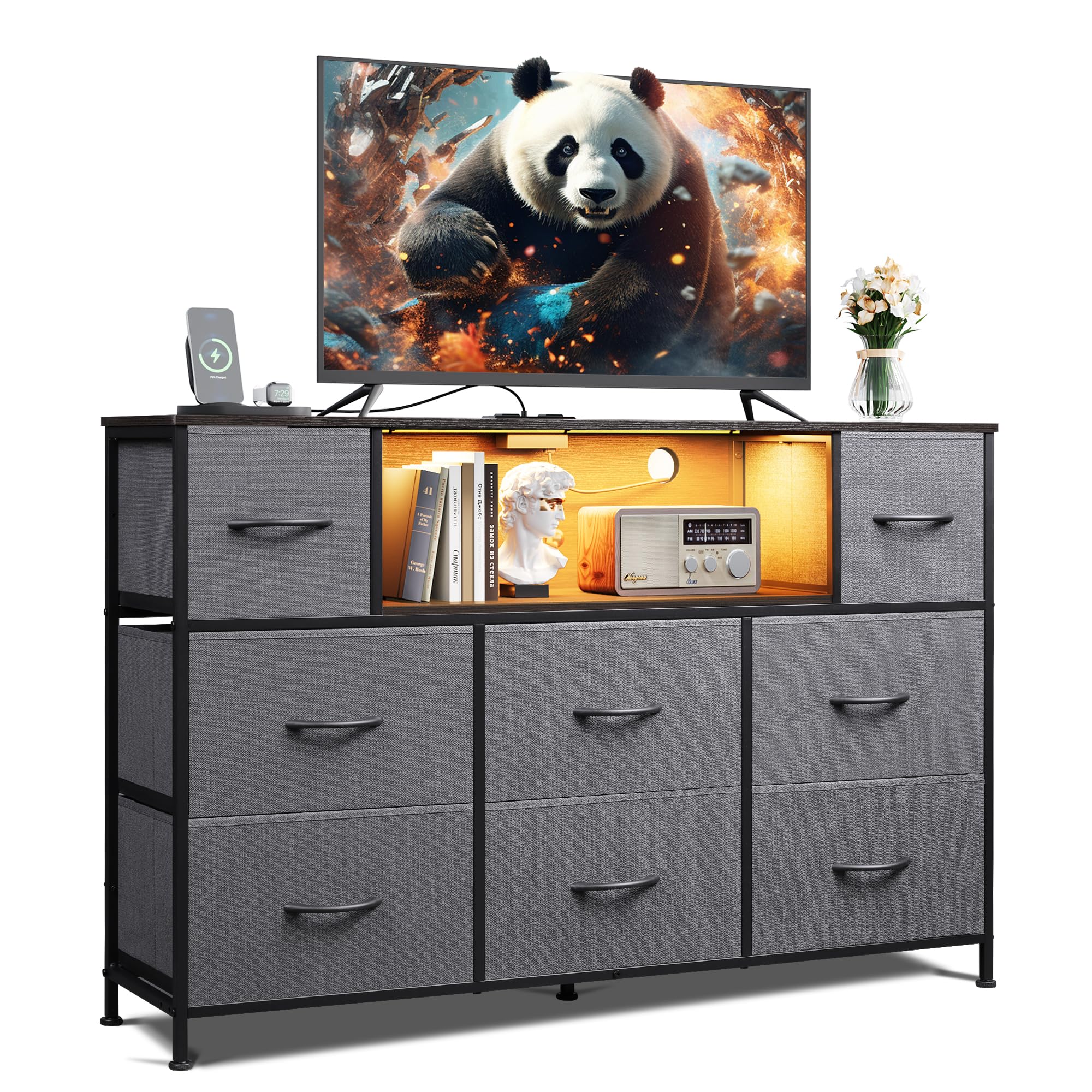 WLIVE grey dresser TV stand with LED lights enhances living room ambience