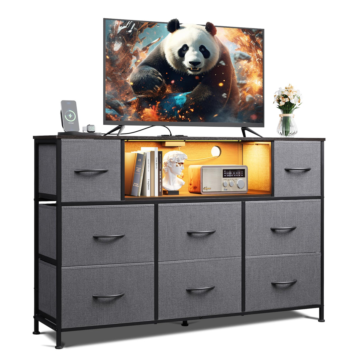 WLIVE grey dresser TV stand with LED lights enhances living room ambience