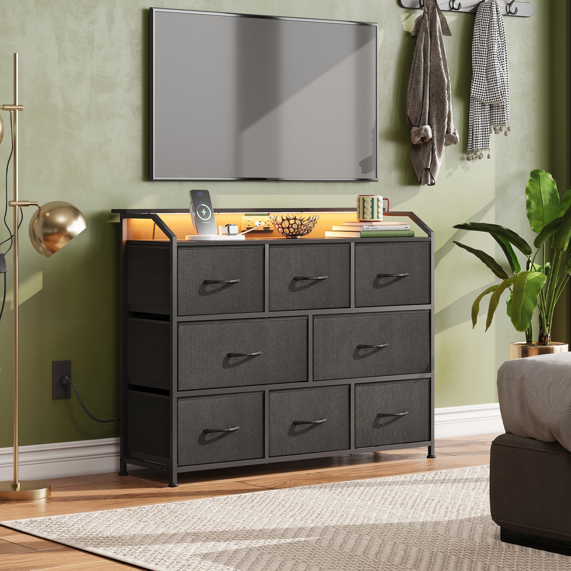 WLIVE Led Dresser with eight fabric drawers keeps clothes organized.