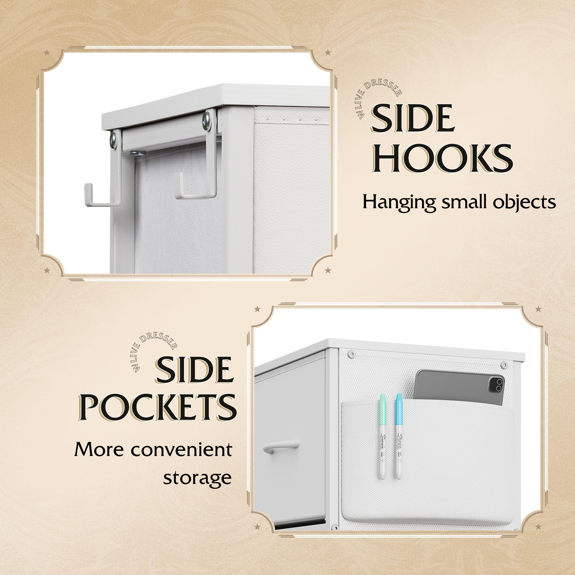 WLIVE MDF countertop provides a solid, waterproof work surface on the dresser.