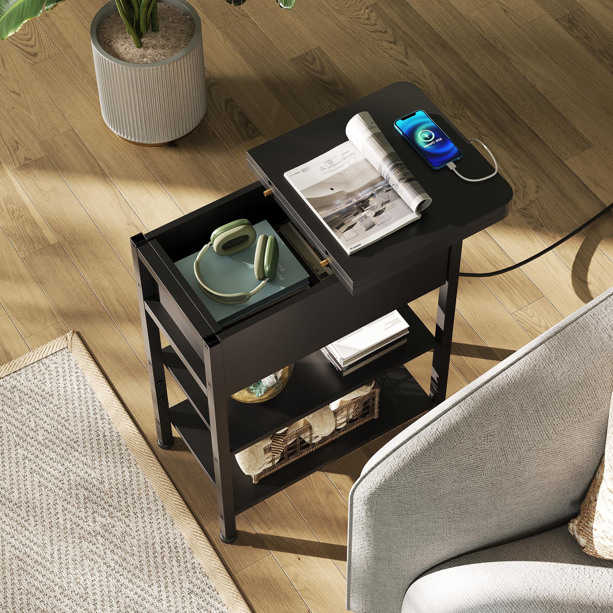 WLIVE narrow side table flip-top drawer open for easy access to essentials.