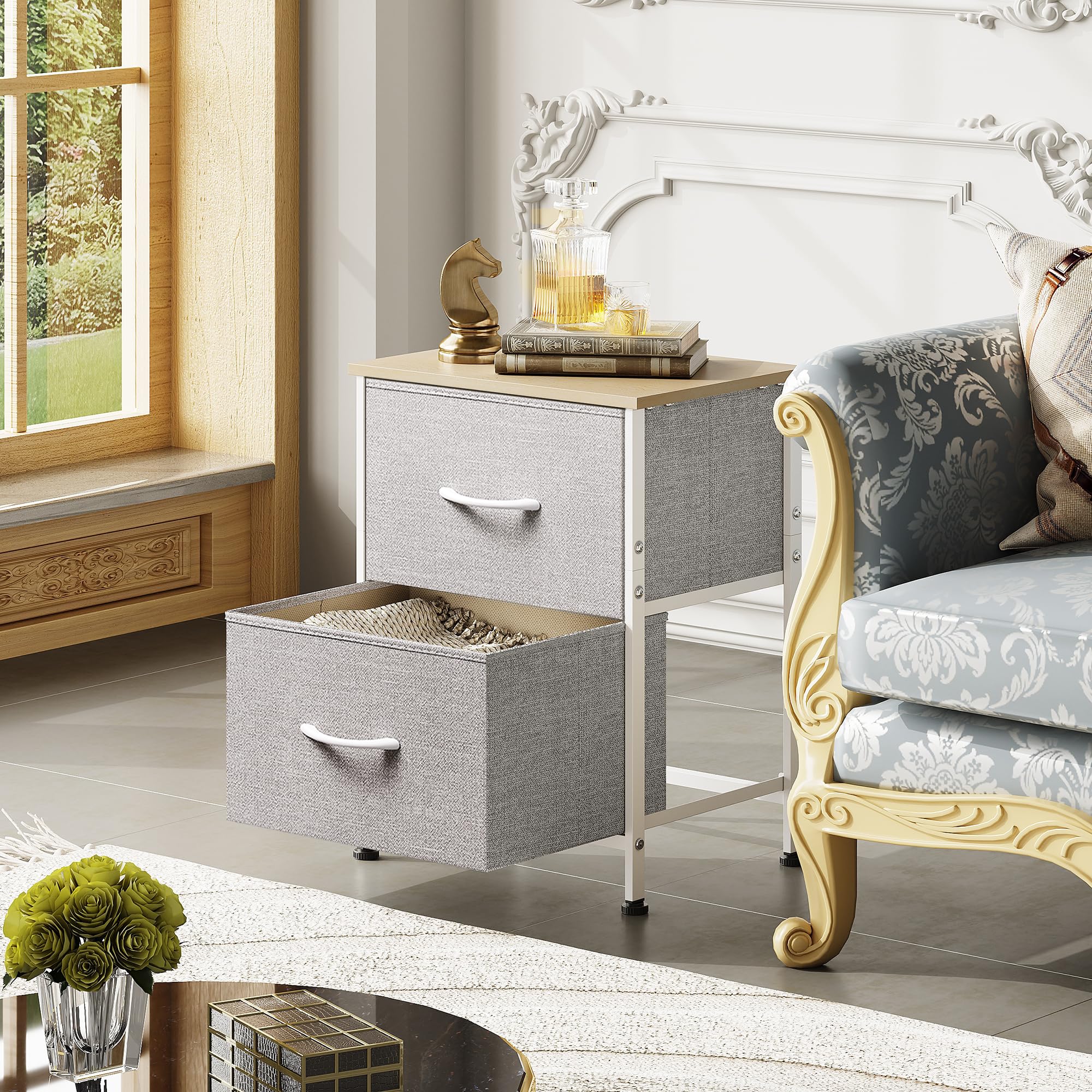 WLIVE night stand in a bedroom arrangement, clean lines and compact footprint.