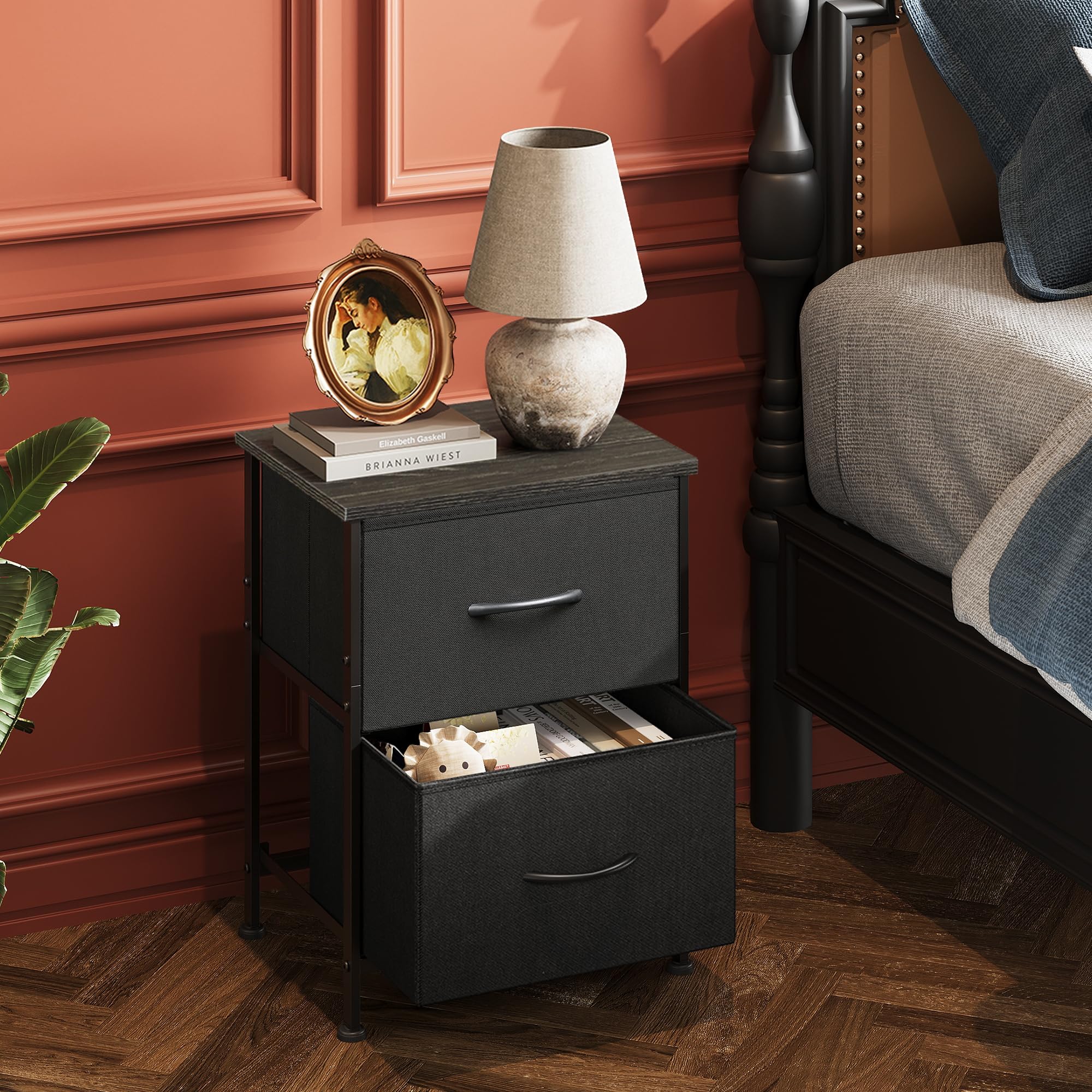 WLIVE night stand compact design with two removable fabric drawers for dorm rooms