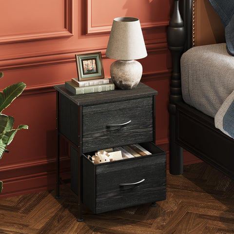 WLIVE night stand with fabric drawers, organized small items within reach.
