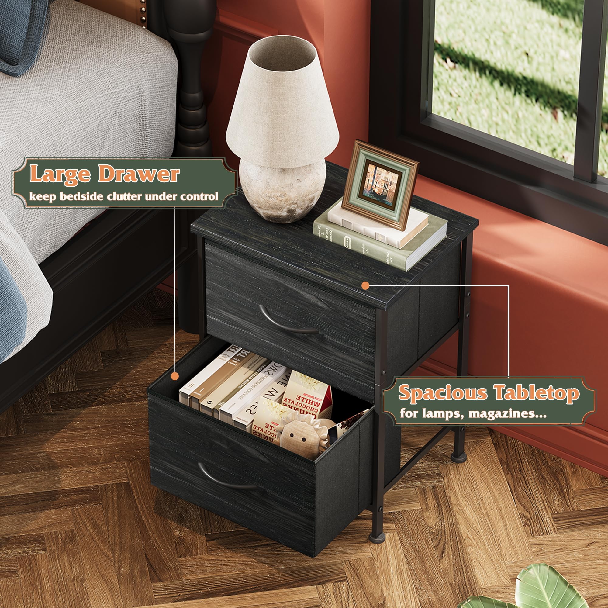 WLIVE night stand with two drawers open, easy access to essentials.