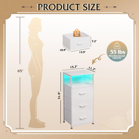 WLIVE nightstand with 3 fabric drawers for organized storage