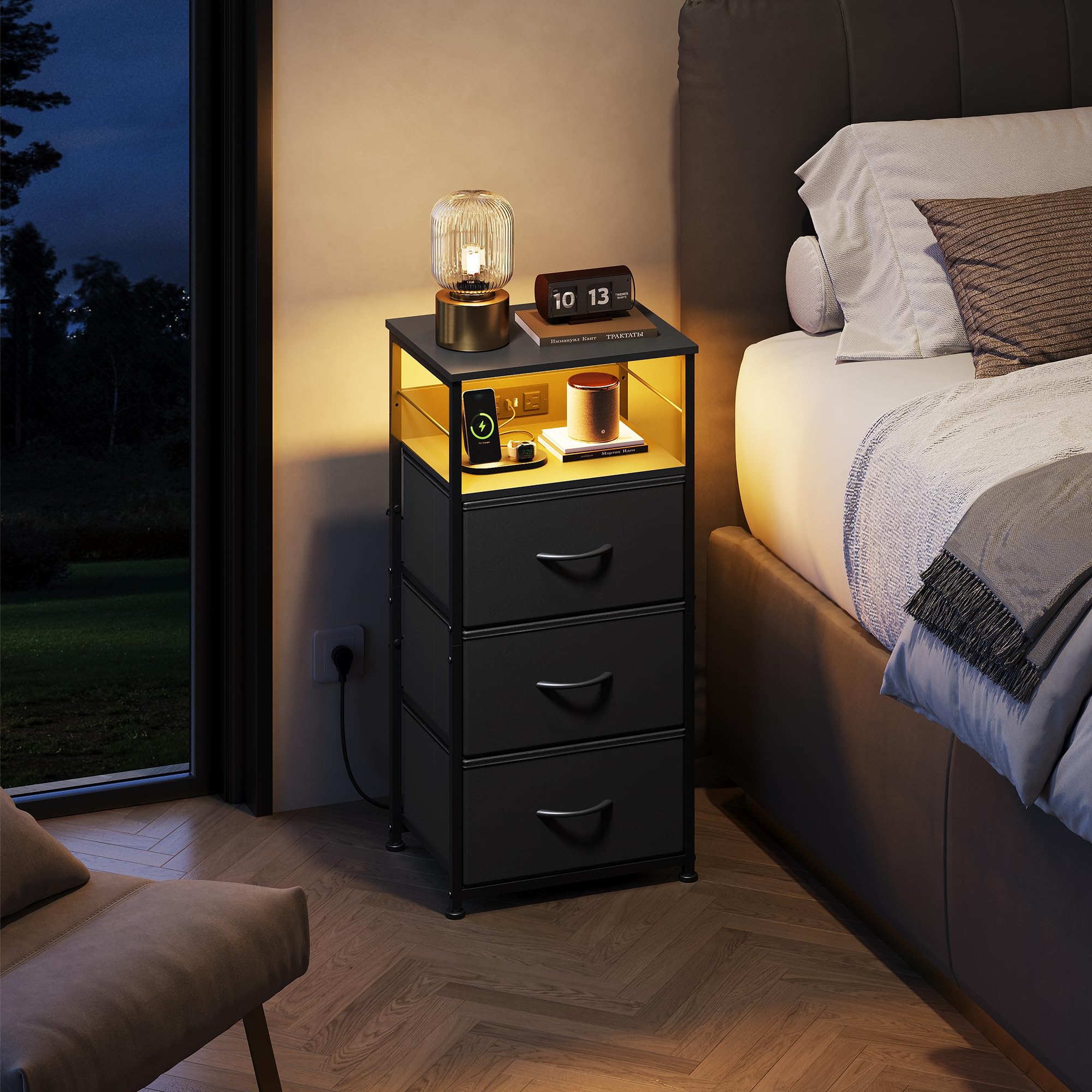 WLIVE nightstand open shelf and hidden drawer offer discreet storage