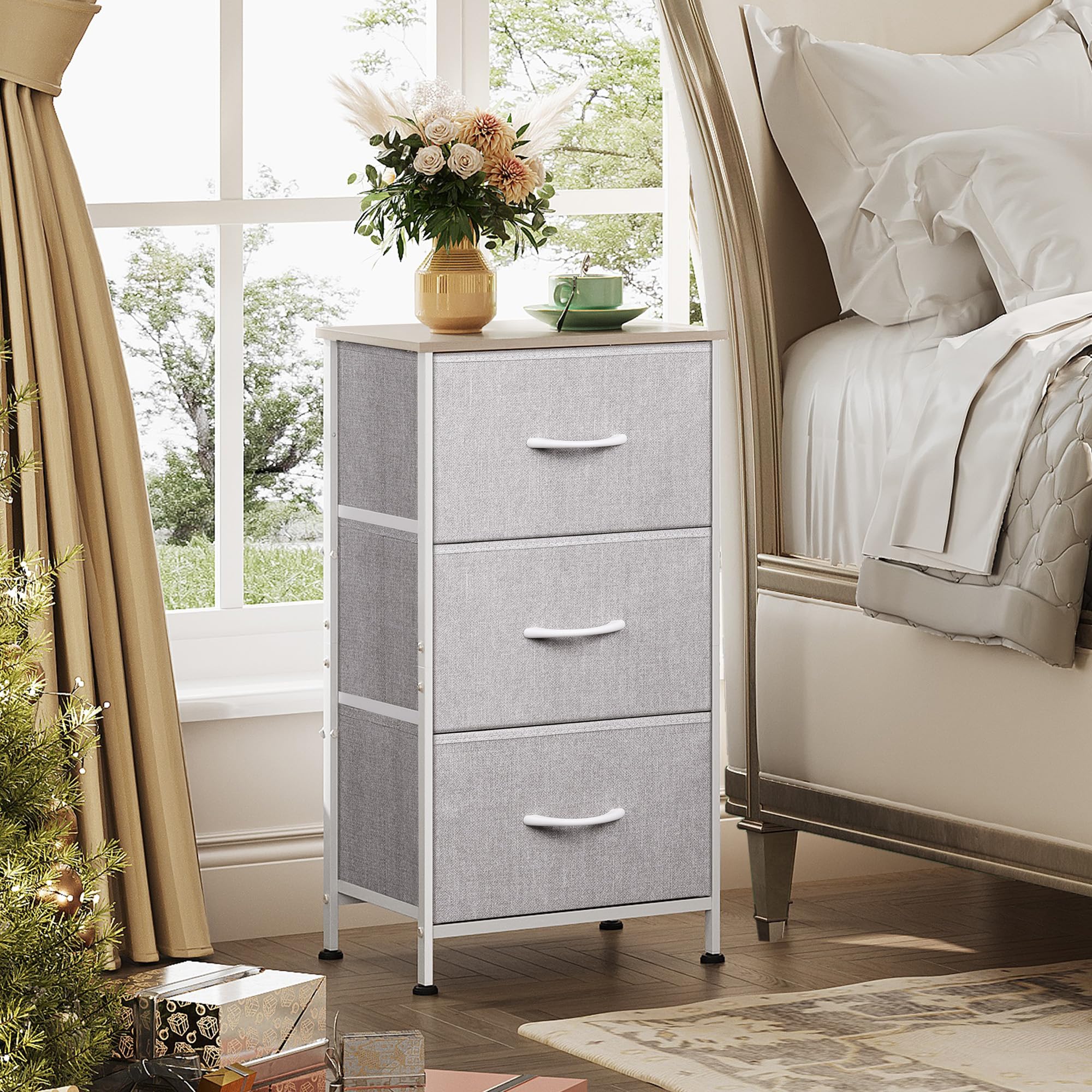 WLIVE nightstand wood-top showcases a lamp and decor.