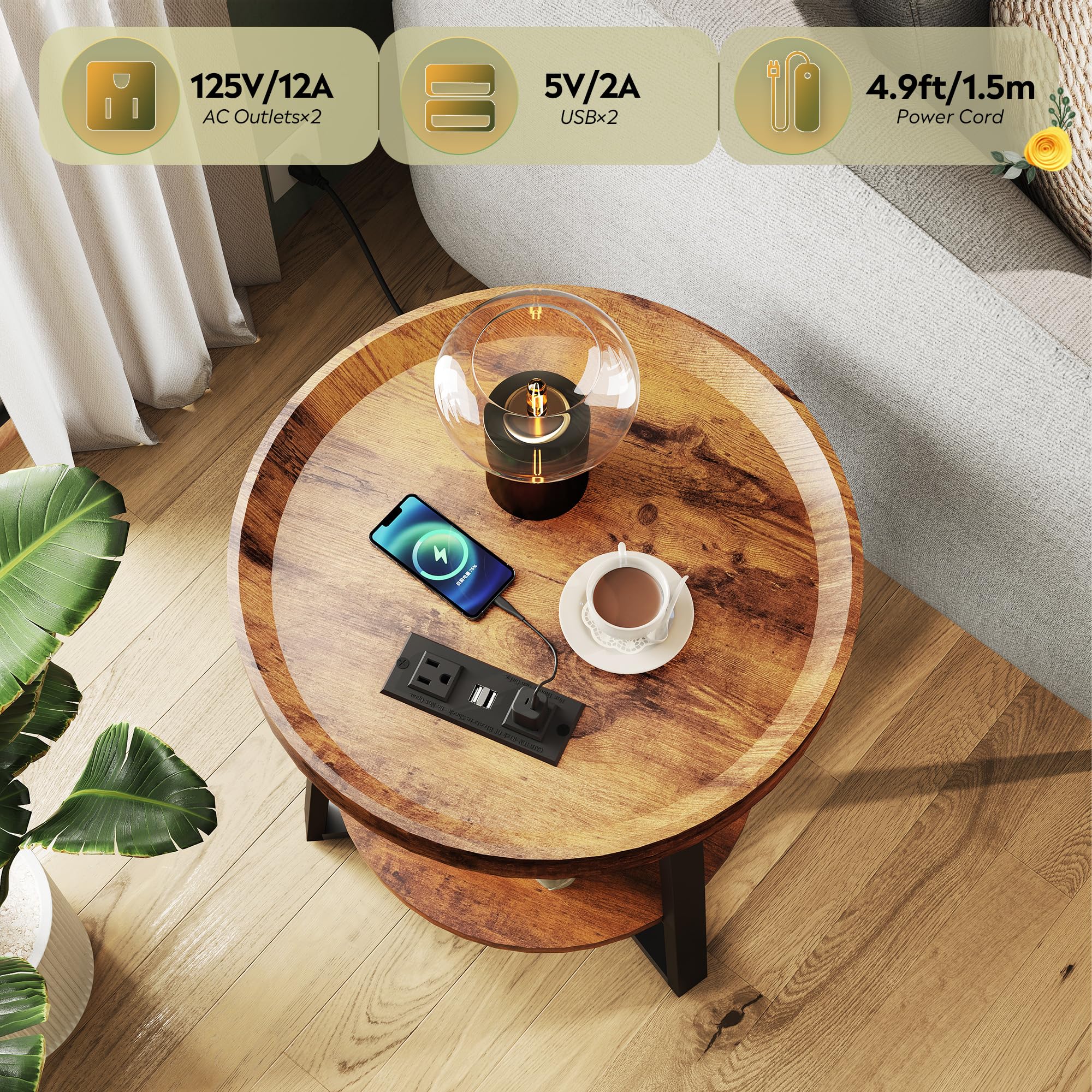 WLIVE round coffee table sits beside sofas with accessible surface.