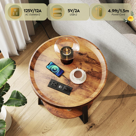 WLIVE round coffee table sits beside sofas with accessible surface.