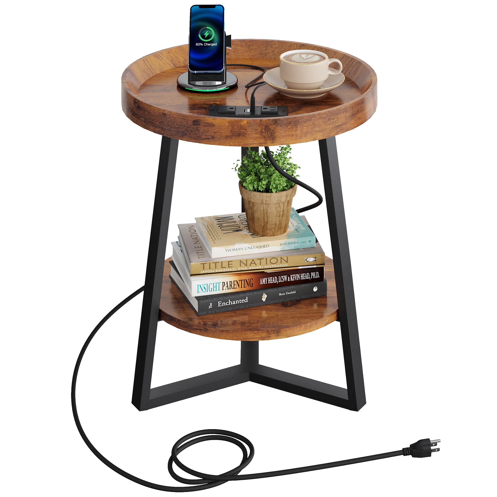 WLIVE small round side table with charging station keeps devices within reach.