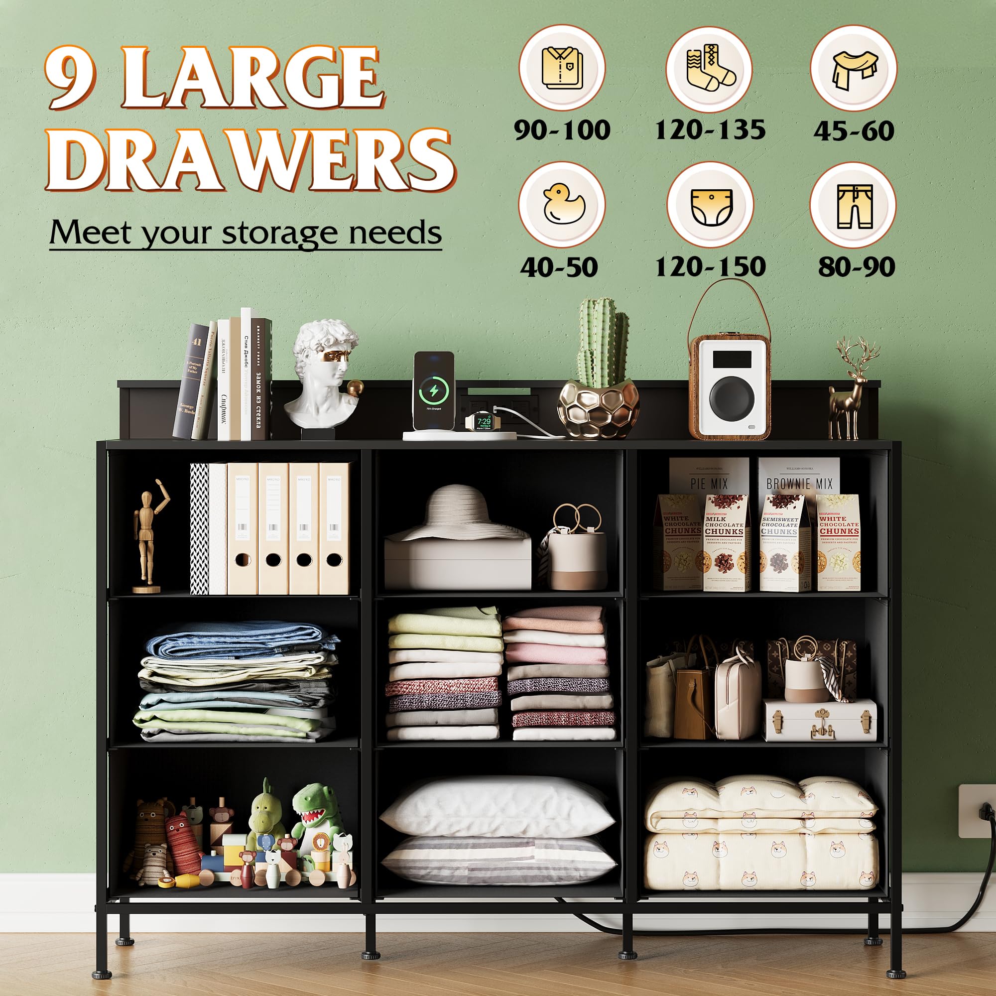 WLIVE nine fabric drawers keep living room items organized.