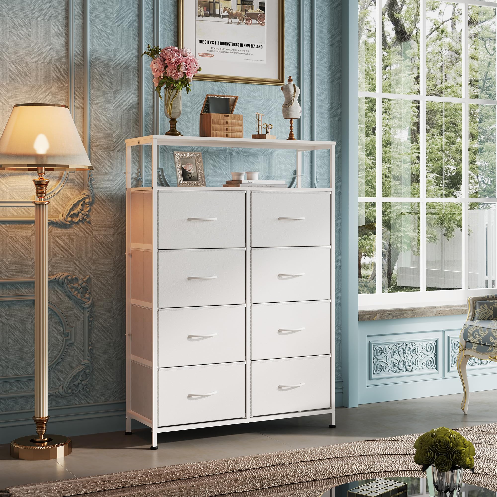 WLIVE storage tower with fabric bins for soft, accessible storage.