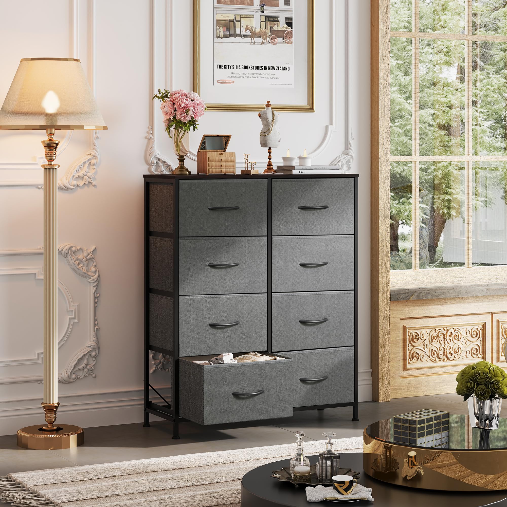 WLIVE storage tower beside other dressers demonstrates coordinated bedroom organization