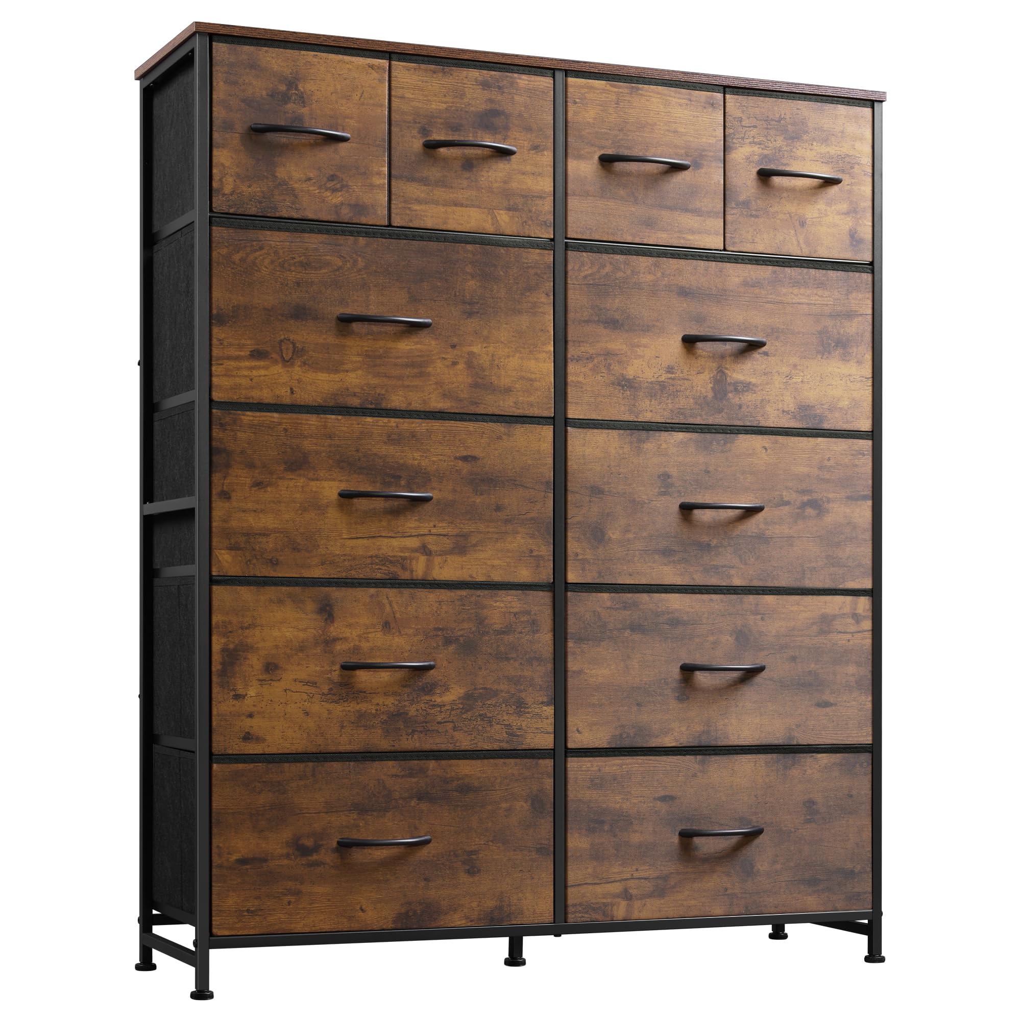 WLIVE tall dresser with 12 fabric drawers and wood top for organized clothing.