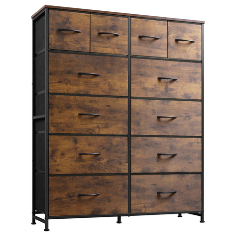 WLIVE tall dresser with 12 fabric drawers and wood top for organized clothing.