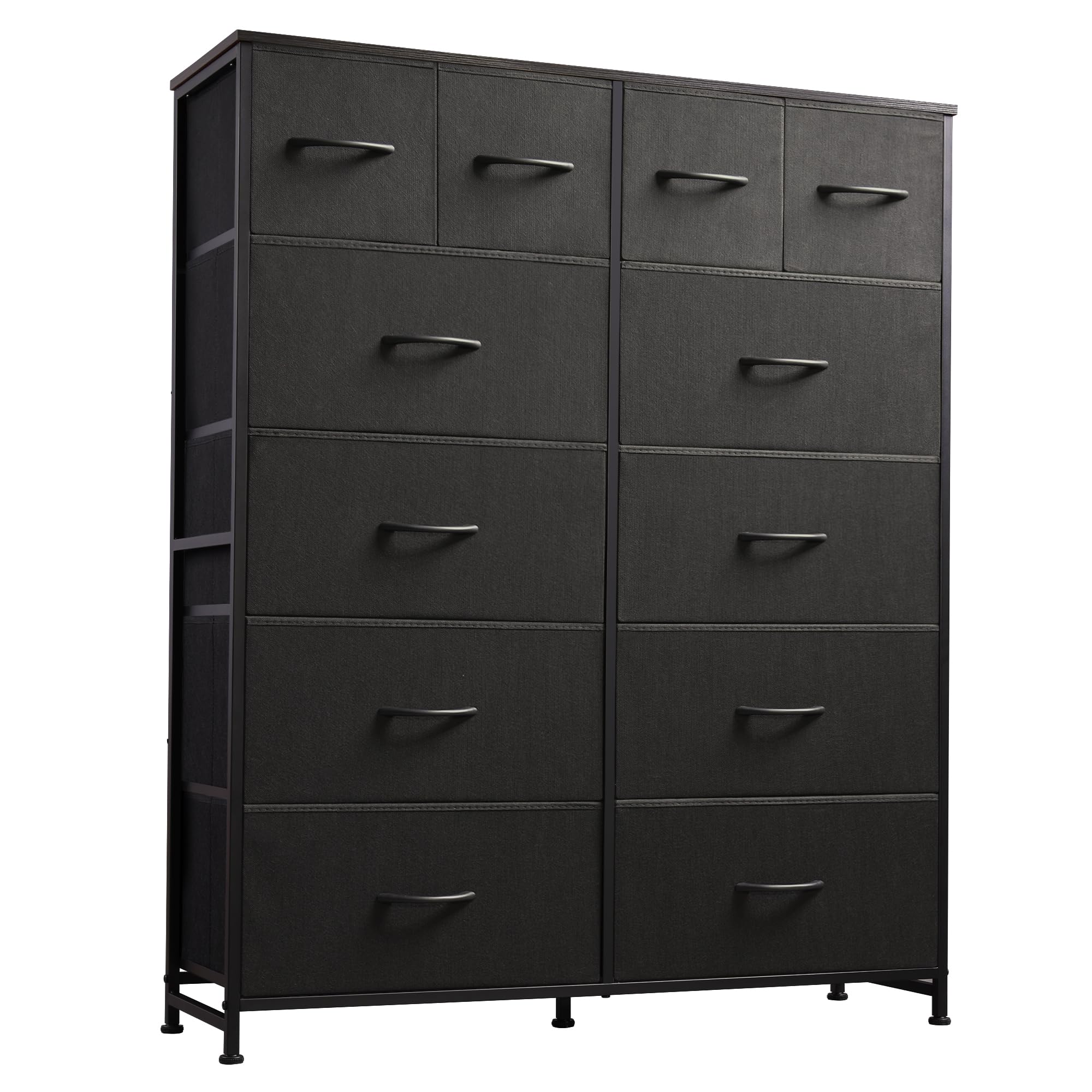 WLIVE tall dresser with 12 fabric drawers and wood top provides organized storage in charcoal black.