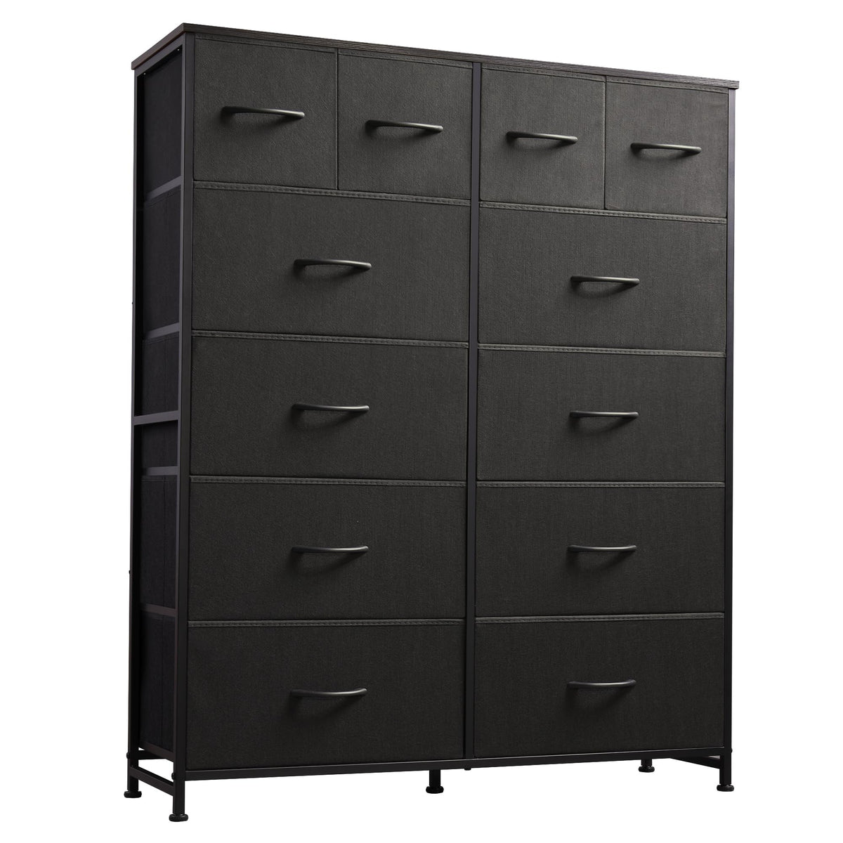 WLIVE tall dresser with 12 fabric drawers and wood top provides organized storage in charcoal black.