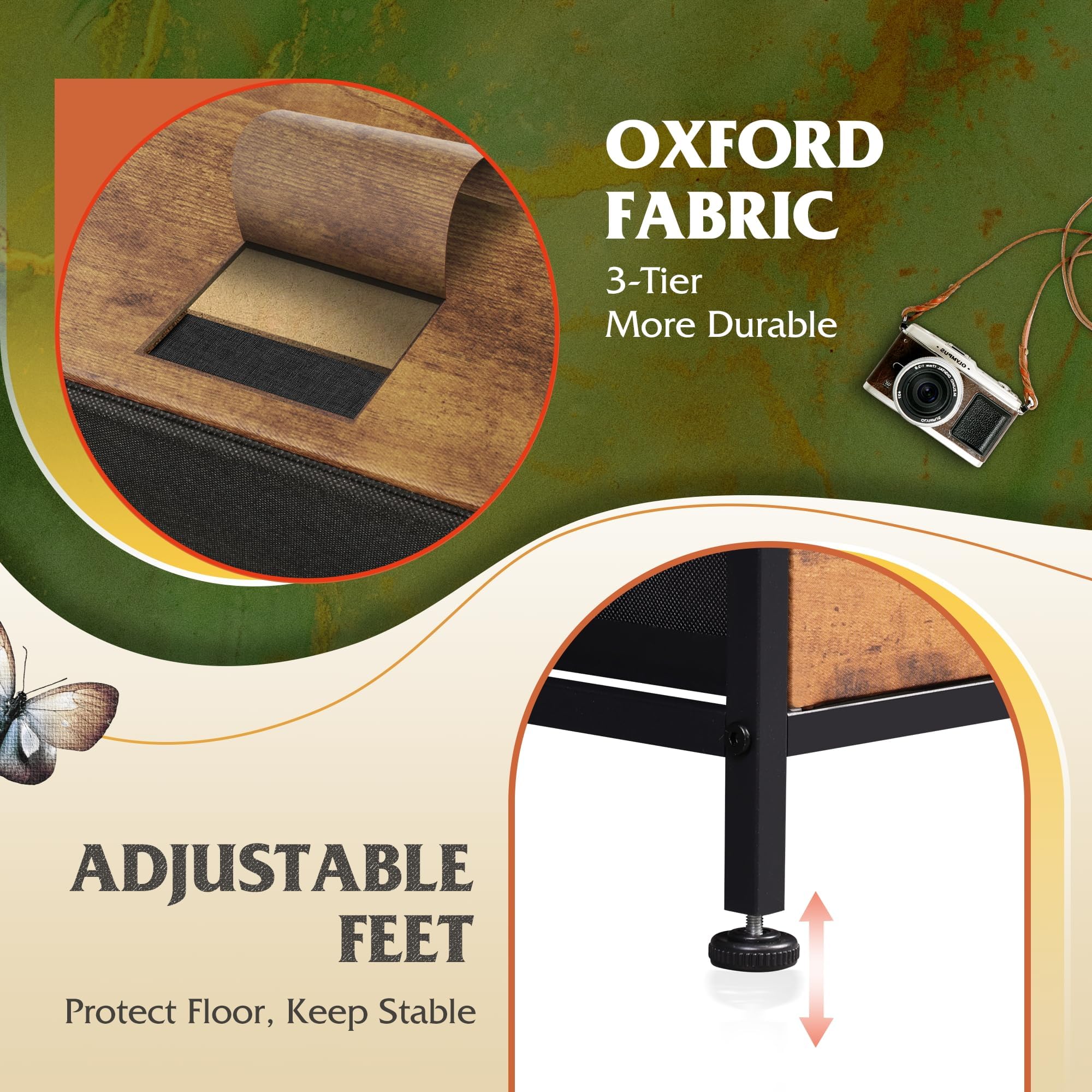 All-directional adjustable feet protect floors on uneven surfaces.
