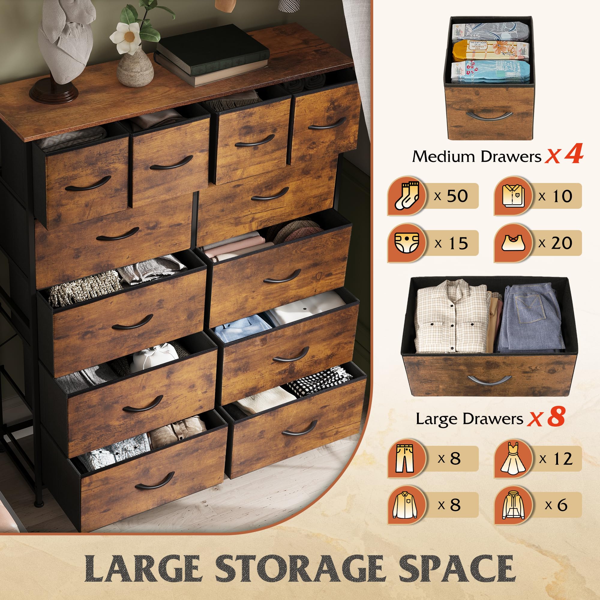 Detachable fabric drawers glide along smooth slide tracks for easy access.