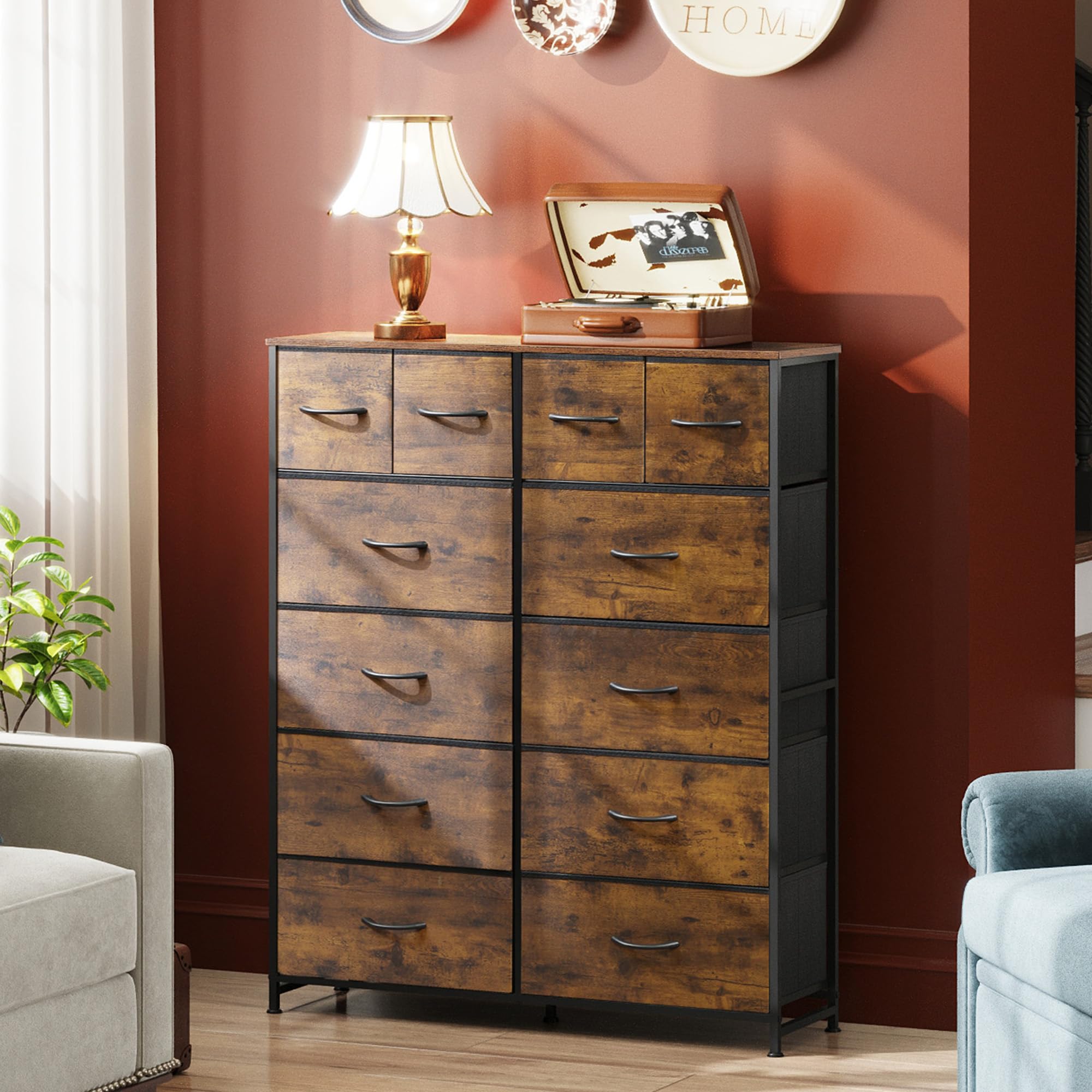 Wood top provides sturdy surface for decor, lamp, or daily items.
