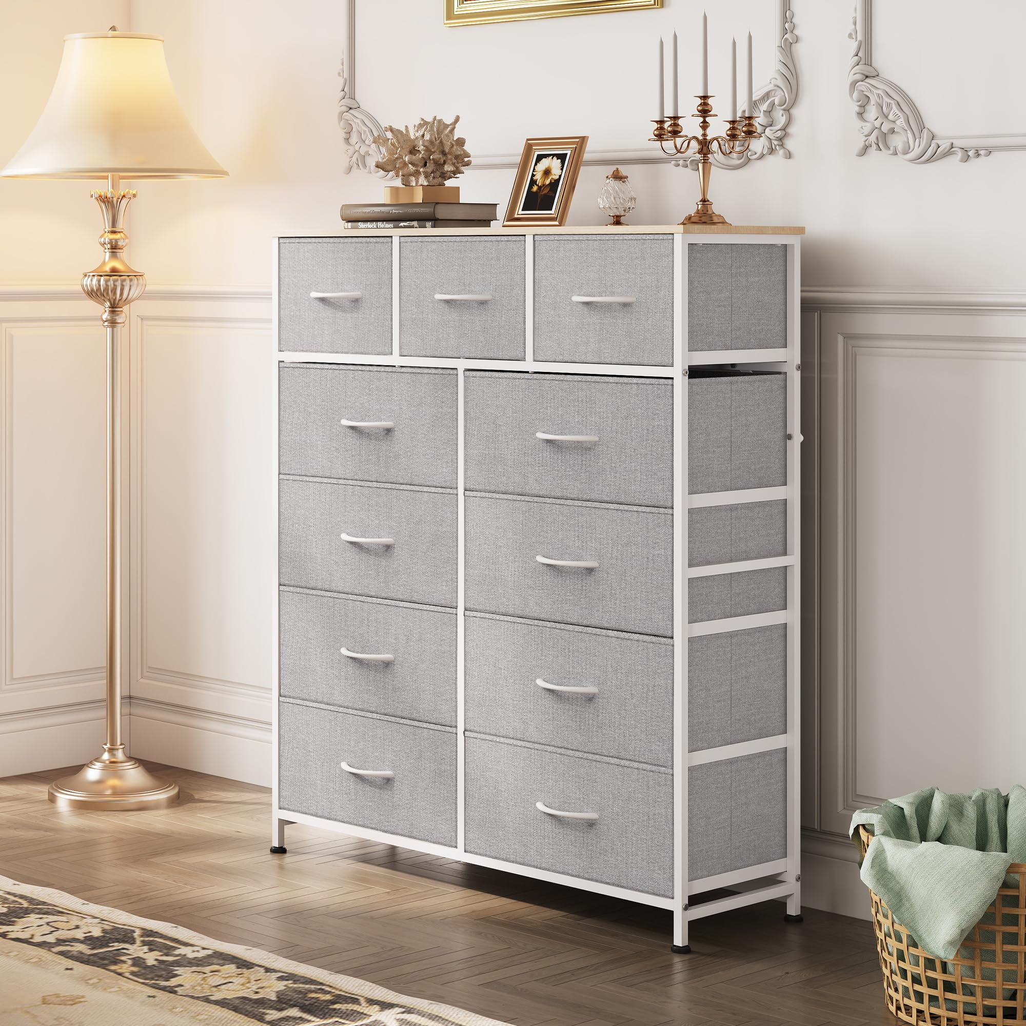 WLIVE tall dresser wood top displaying decor and items