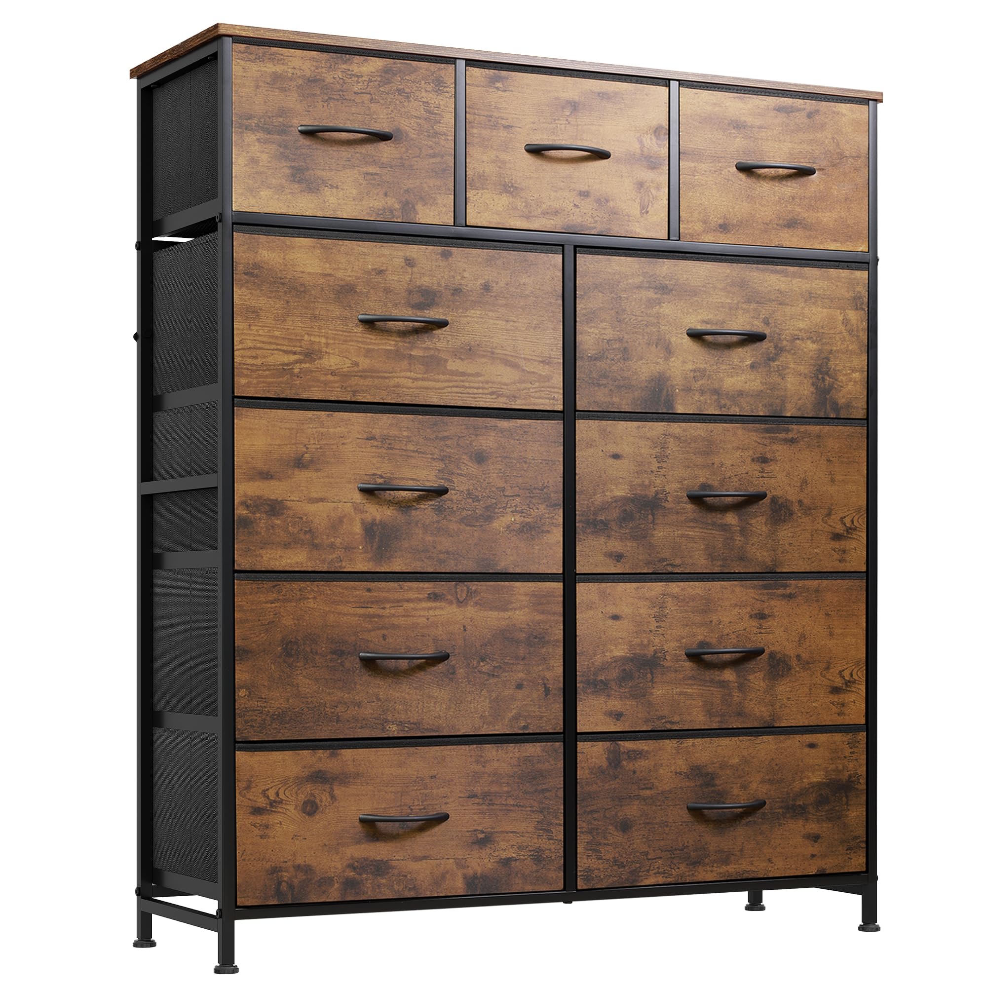 WLIVE tall dresser with wood top offers sturdy storage in a rustic brown finish.