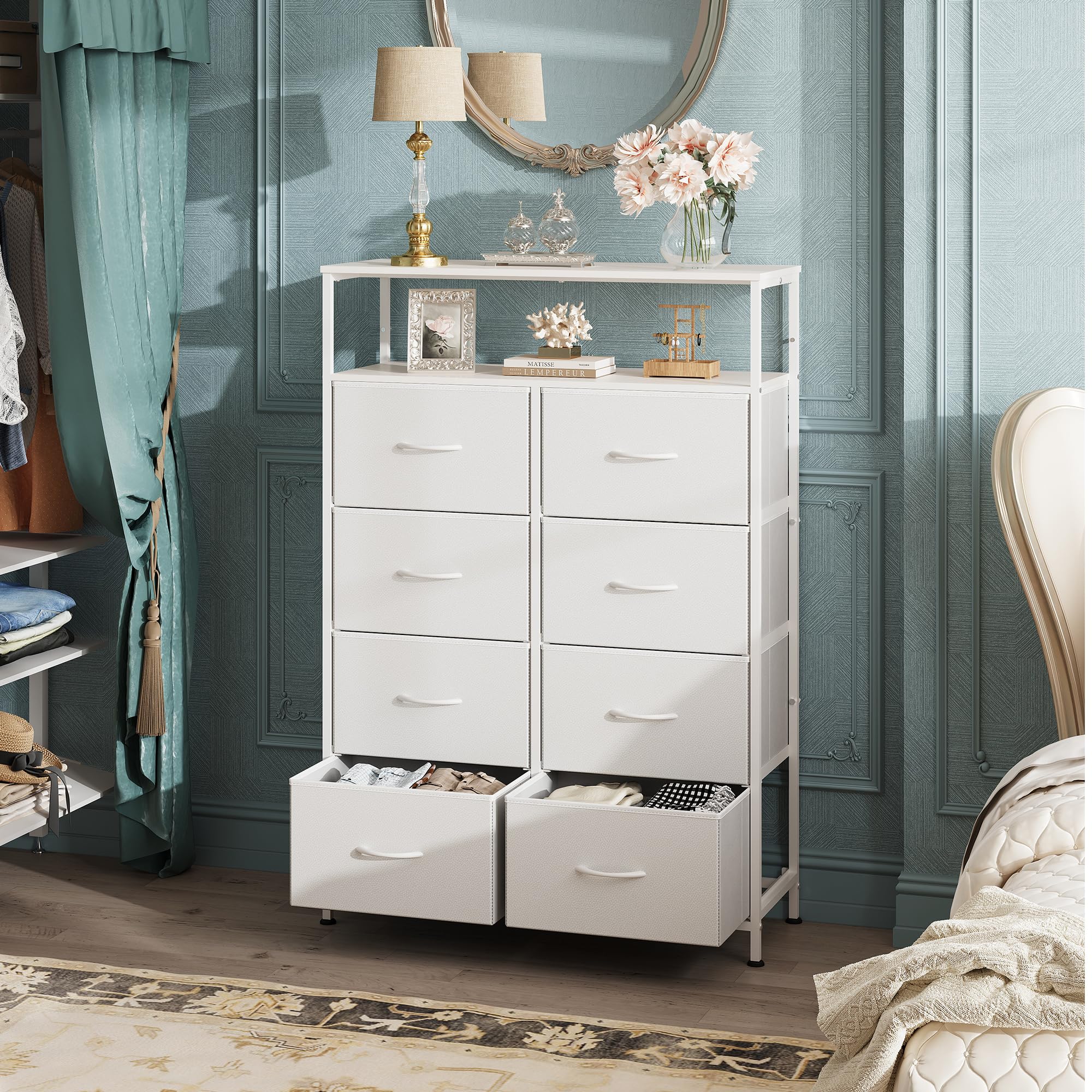 WLIVE tall white dresser with eight drawers for orderly clothing.