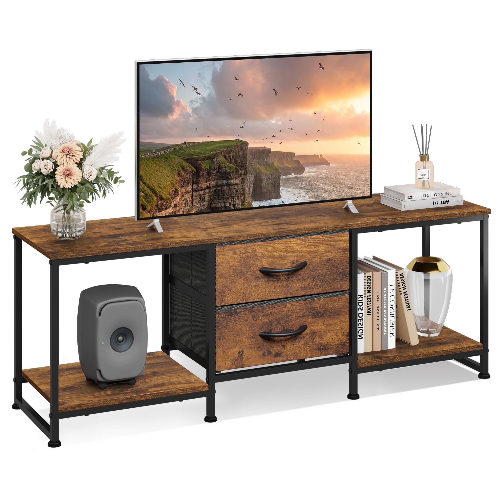 WLIVE TV Stand Dresser with two fabric drawers and wood top in rustic brown finish.
