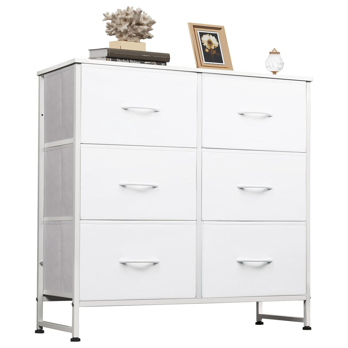 WLIVE white dresser with six fabric drawers in a neat bedroom setup