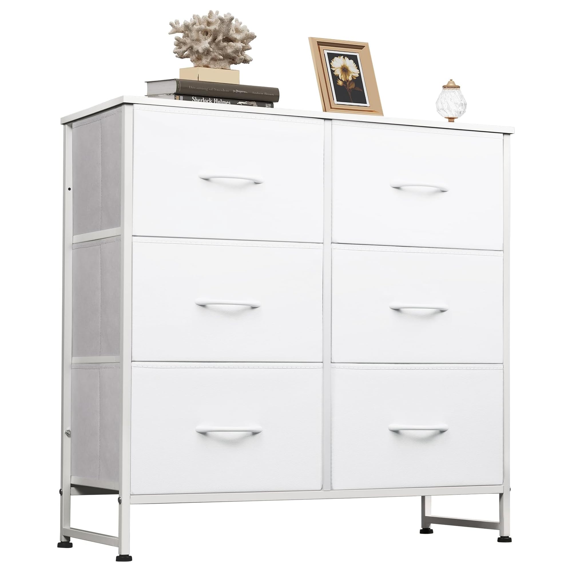 WLIVE white dresser with six fabric drawers in a neat bedroom setup