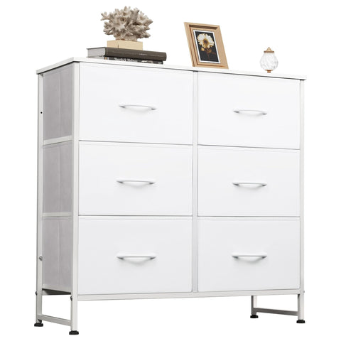WLIVE white dresser with six fabric drawers in a neat bedroom setup