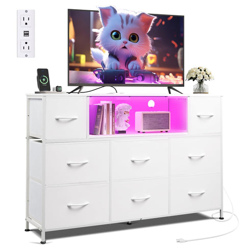 WLIVE white dresser tv stand with LED lights creates ambient living room mood