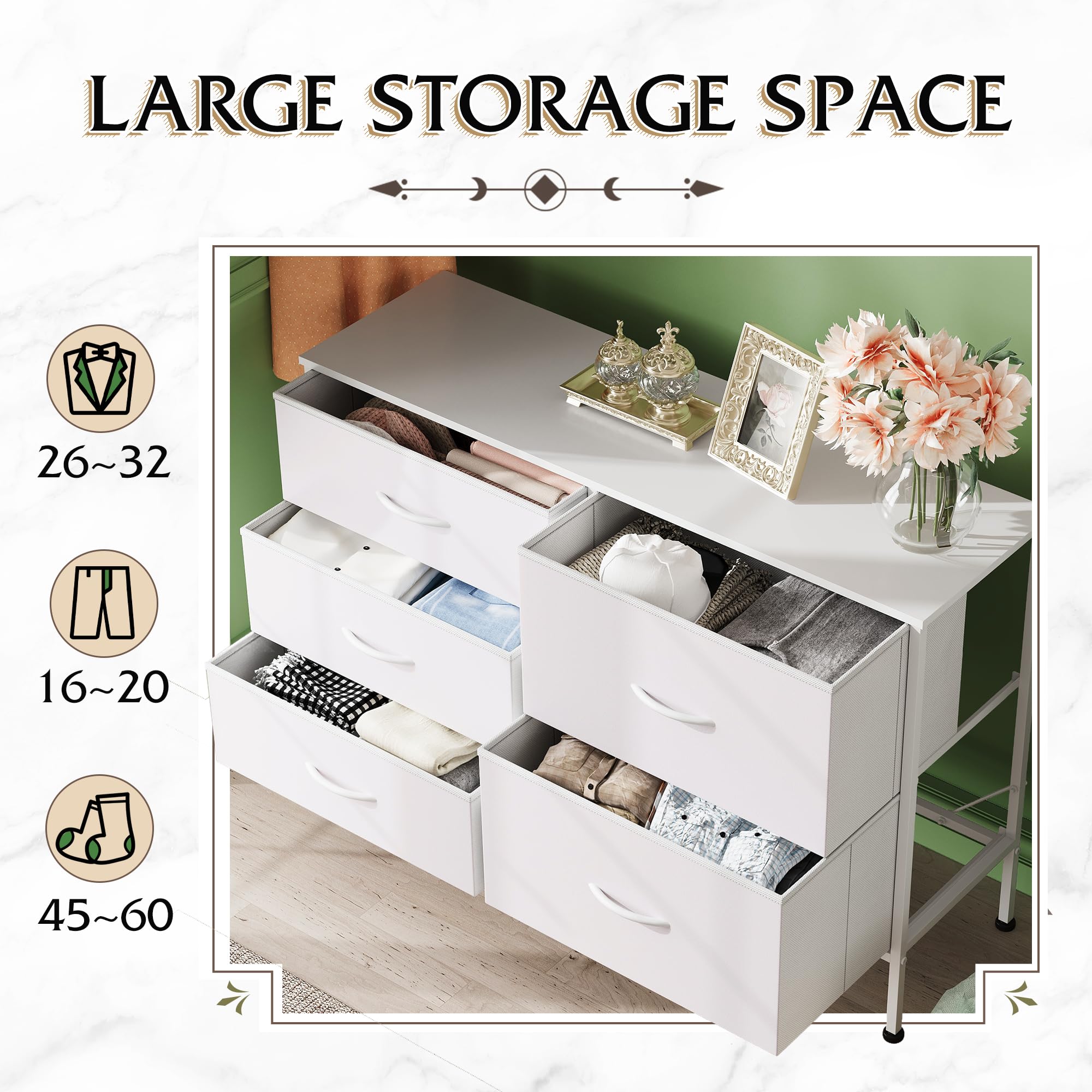 WLIVE white dresser with wide and deep drawers for clothing and linens