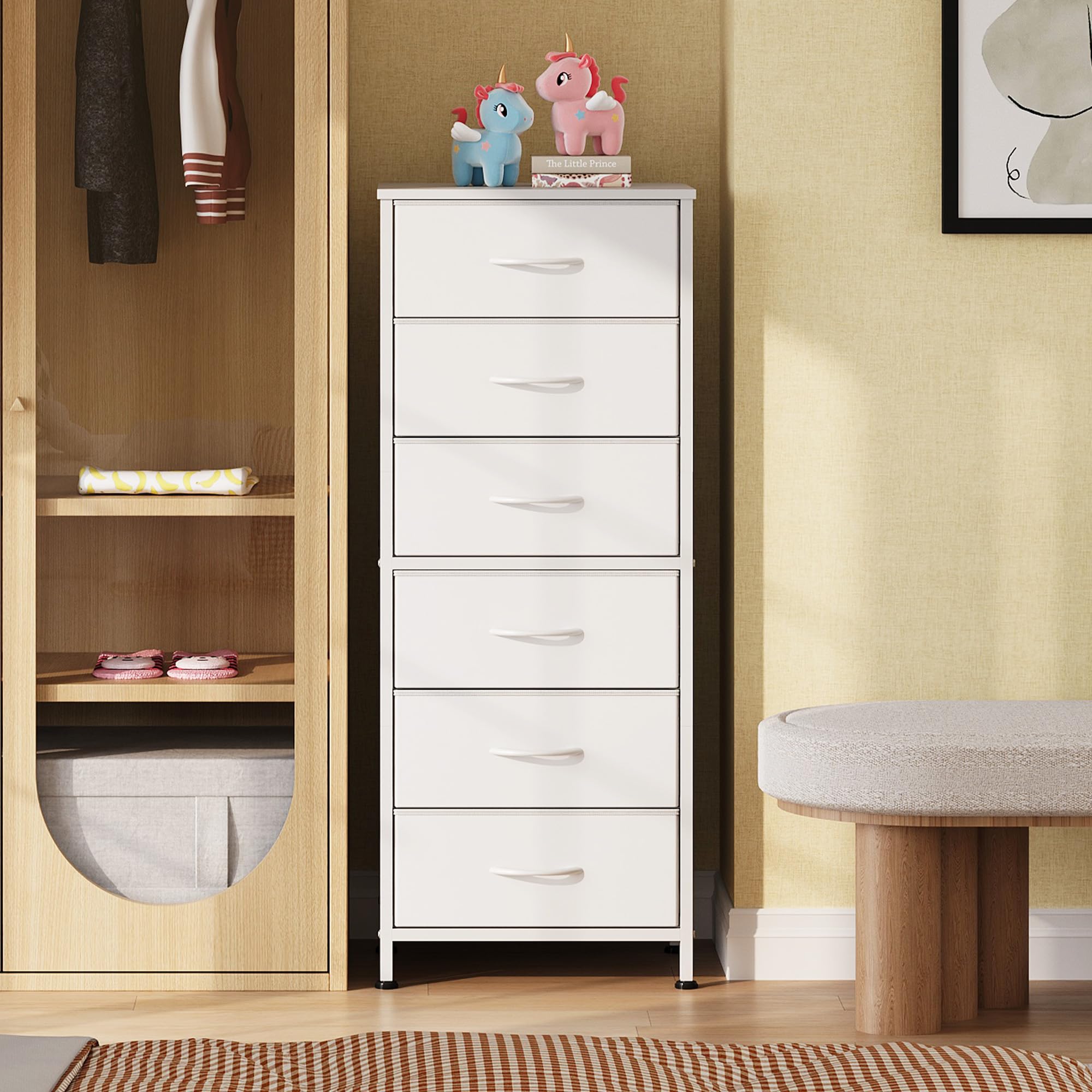 WLIVE white tall dresser with six fabric drawers for organized storage.